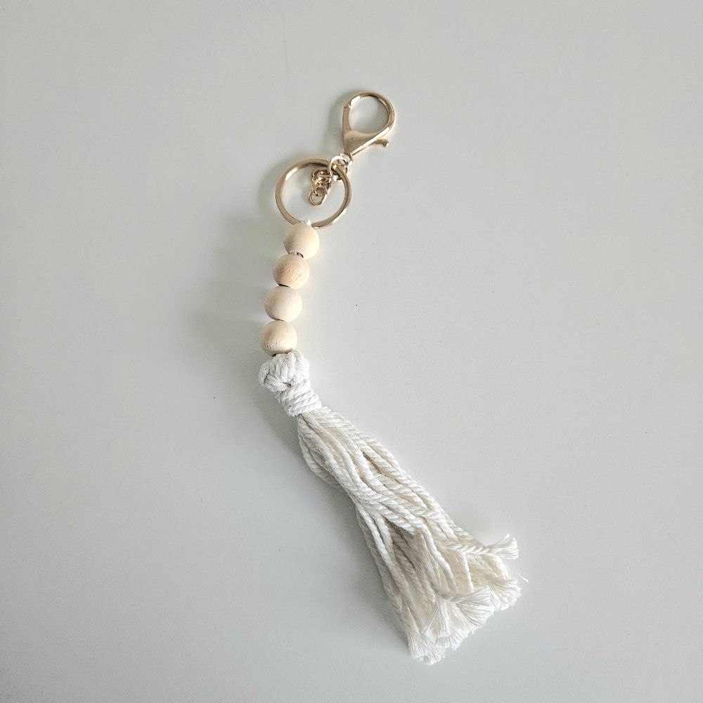 NEW Macrame Boho Beige Gold Tassel Keychain 9" for Keys Purse Backpack